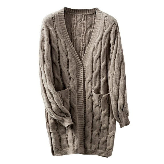 Casual Loose Knitwear Cardigan with Pockets for Women Long Sleeve Twist Cable Knit Open Front Side Split Sweater Coat