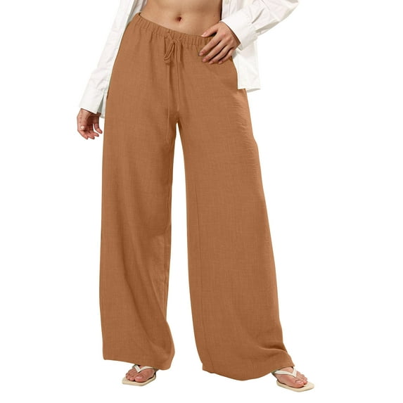 Casual Loose Lightweight Beach Trousers New Wide Leg Linen Pants for Women Flowy Summer Beach Elastic Waist Drawstring Trousers with Pockets Brown L
