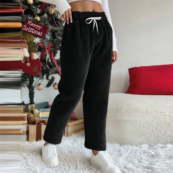 Casual Loose Lightweight Beach Trousers New Womens Pajamas Pants Winter Fleece Comfy Loungewear Pants Sleep Bottoms Flannel Pjs Trousers Sleepwear for Ladies Black S