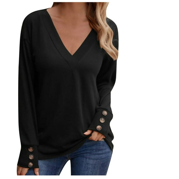 Casual Loose Long Sleeve Tops for Women Solid V Neck Button Pullover Sweatshirts Fall Winter Lightweight Shirts