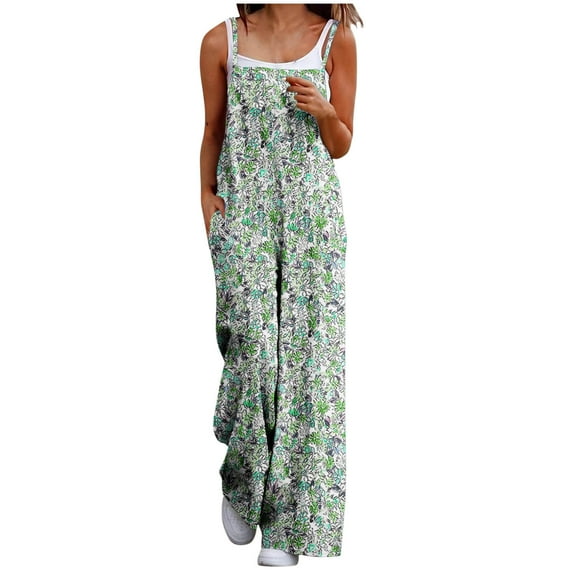 Casual Loose Overalls Jumpsuits For Women One Piece Sleeveless Printed Wide Leg Long Pant Rompers With Pockets Green XXXL