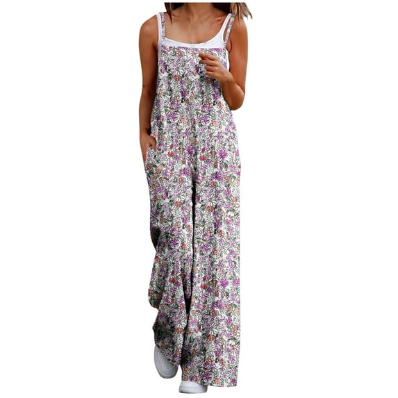Casual Loose Overalls Jumpsuits For Women One Piece Sleeveless Printed Wide Leg Long Pant Rompers With Pockets Purple M