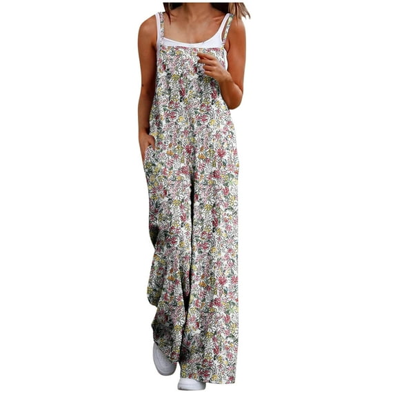 Casual Loose Overalls Jumpsuits For Women One Piece Sleeveless Printed Wide Leg Long Pant Rompers With Pockets White S