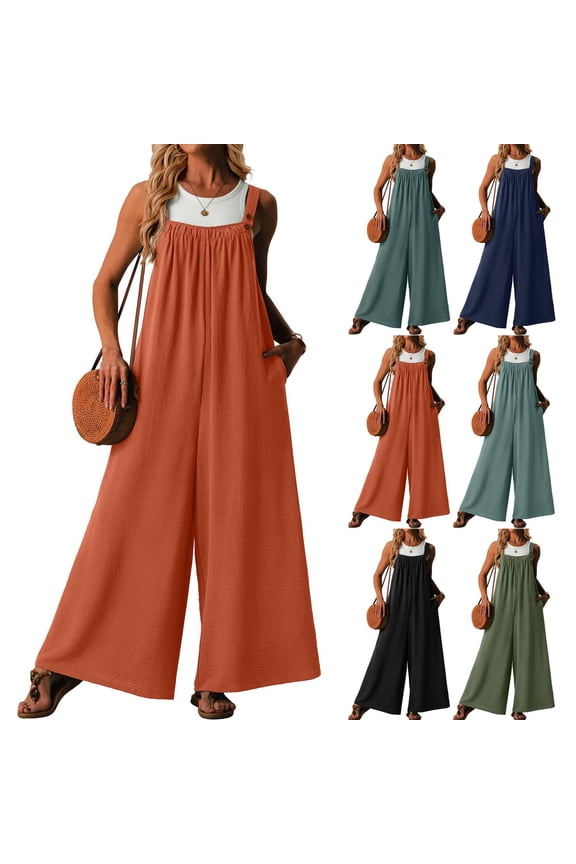 Casual Loose Overalls Jumpsuits Womens One Piece Sleeveless Wide Leg Long Pant Rompers With Pockets Orange M