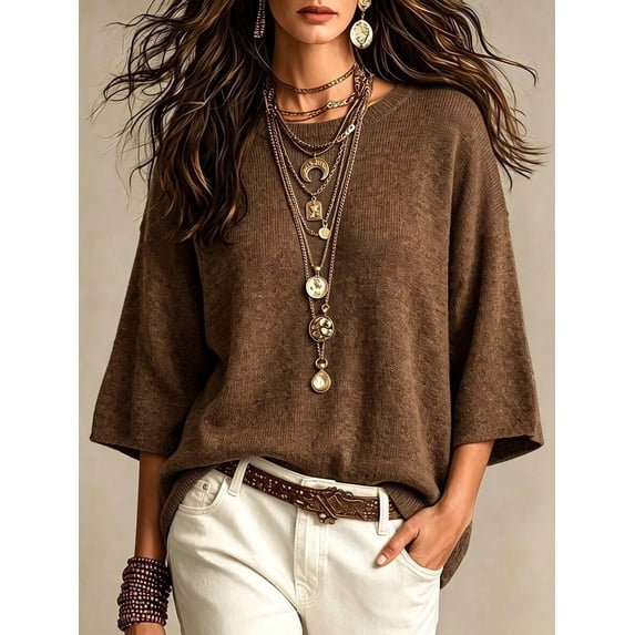 Casual Loose Round Neck 3/4 Sleeve Knit Basic Batwing Sleeve Design Women's Spring/Autumn Knit Top