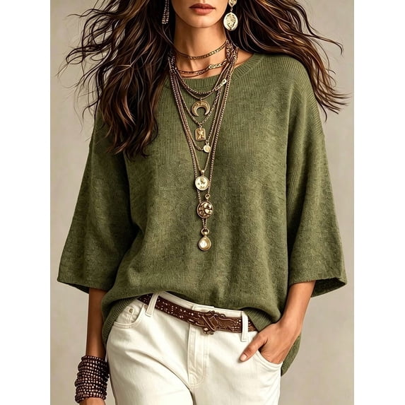 Casual Loose Round Neck 3/4 Sleeve Knit Basic Batwing Sleeve Design Women's Spring/Autumn Knit Top