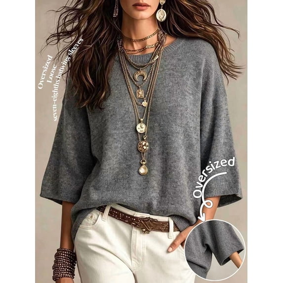 Casual Loose Round Neck 3/4 Sleeve Knit Basic Batwing Sleeve Design Women's Spring/Autumn Knit Top