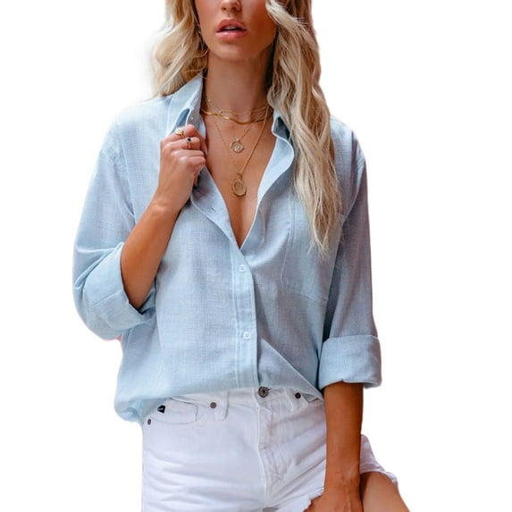 Casual Loose Shirt for Women Solid Color Buttons Down Tunic Top Short/Long Sleeve V-neck Collar Shirt
