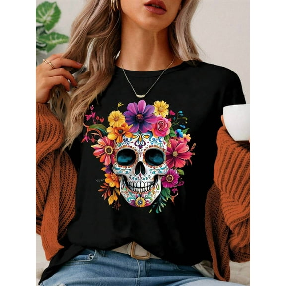 Casual Loose Skull Halloween Round Neck Short Sleeve Women T-Shirt, Suitable For Summer Skeleton Shirt Halloween Shirt Goth Shirt