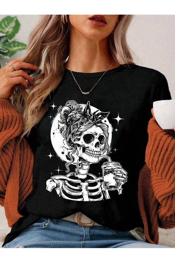 Casual Loose Skull Halloween Round Neck Short Sleeve Women T-Shirt, Suitable For Summer Skeleton Shirt Halloween Shirt Goth Shirt