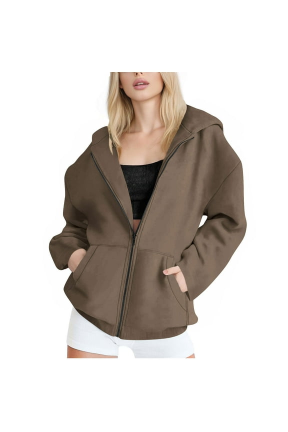 Casual Loose Sweatshirts for Women Long Sleeve Jackets Plus Size Zip up Hoodies Soft Lightweight Coats Brown M