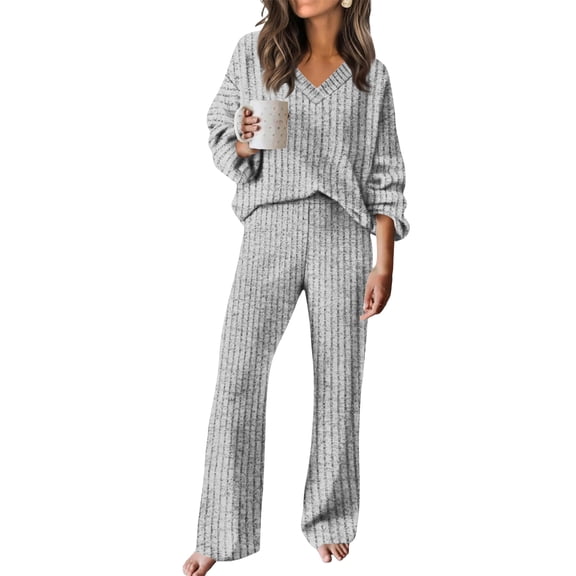 Casual Loose V-Neck Knitted Set Autumn Winter Straight Leg Pants Comfortable Commute Style Women's Long Sleeve Polyester Blend