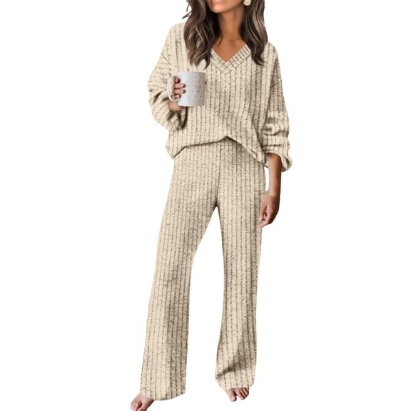 Casual Loose V-Neck Knitted Set Autumn Winter Straight Leg Pants Comfortable Commute Style Women's Long Sleeve Polyester Blend