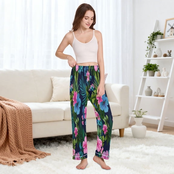 Casual Lounge Pants Women's Pajamas Sleep Long Pants With Pockets Tropical Flowers & Leaves