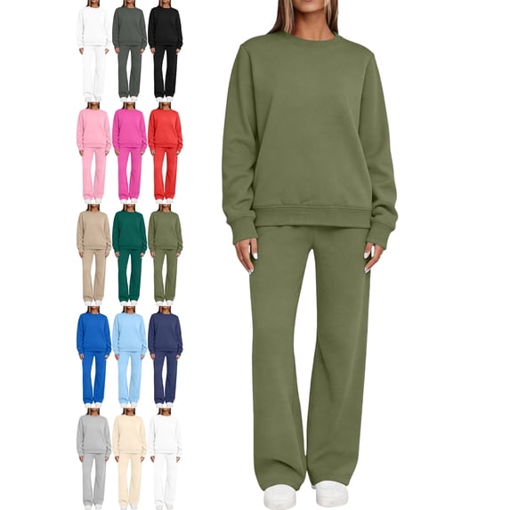 Casual Loungewear Sets for Women Matching 2 Piece Outfit for Women Crewneck Pullover Long Sleeve Solid Color Loose Fit Wide Leg Pants Set