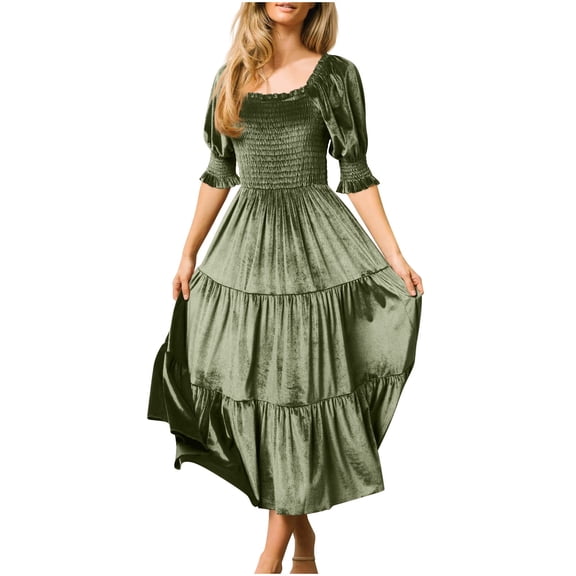 Casual Maxi Dress Womens Fall Winter Velvet Dress Puff Sleeve Squares Neck Smocked Tiered Ruffle A-Line Flowy Midi Dress S-226 Green M