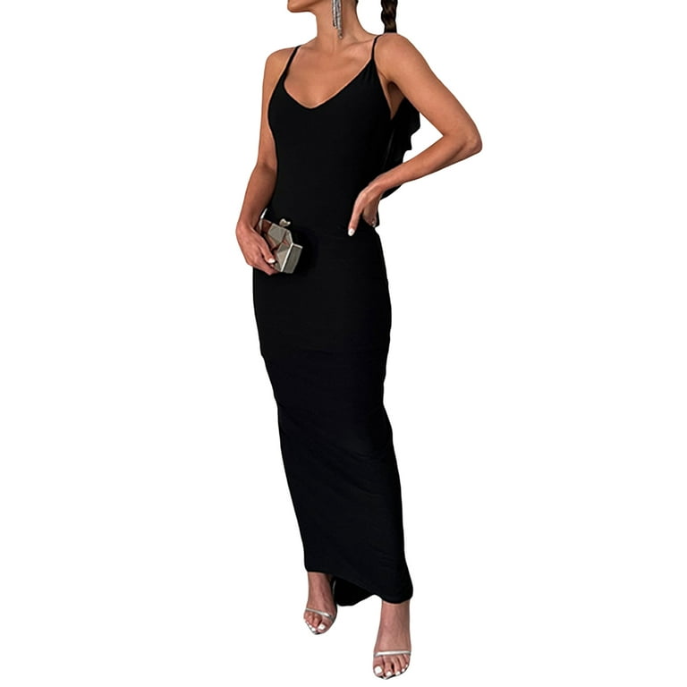 Casual Maxi Dress for Women Cocktail Dress Backless Ruched Spaghetti Strap  Slinky Party Club Dress 