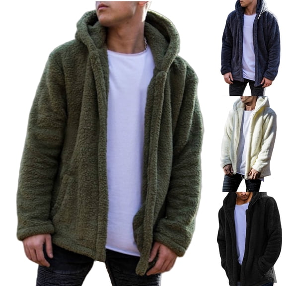 Casual Men Winter Long Sleeve Pockets Fleece Warm Hooded Loose Plus Size Coat