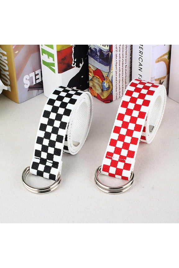 Casual Men Women Checkerboard Canvas D Ring Belt Plaid Waist Strap Waistband,Red