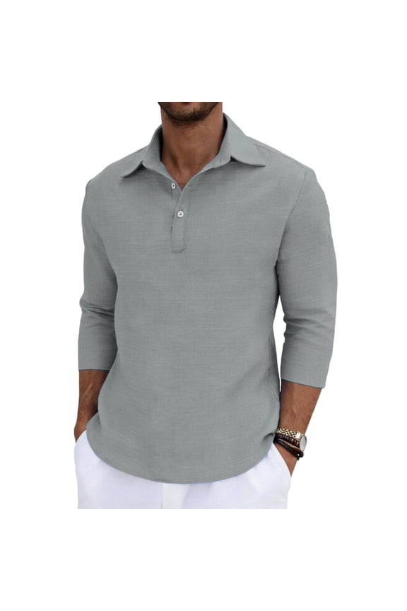Casual Men's Cotton Linen Shirt Pullover 3/4 Sleeve Lapel Button Down Solid Color Vacation Shirts Father Gift