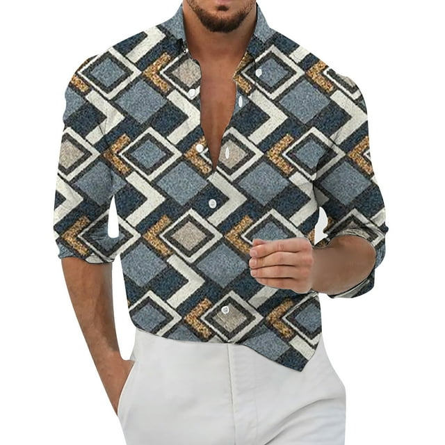 Casual Men's Loose Lapel Geometric Print Long Sleeve Button Port Style Floral Shirt Beach