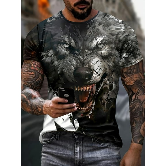 Casual Men's T-Shirt 3D Wolf Head Print Sports Short Sleeve Summer Men's Top