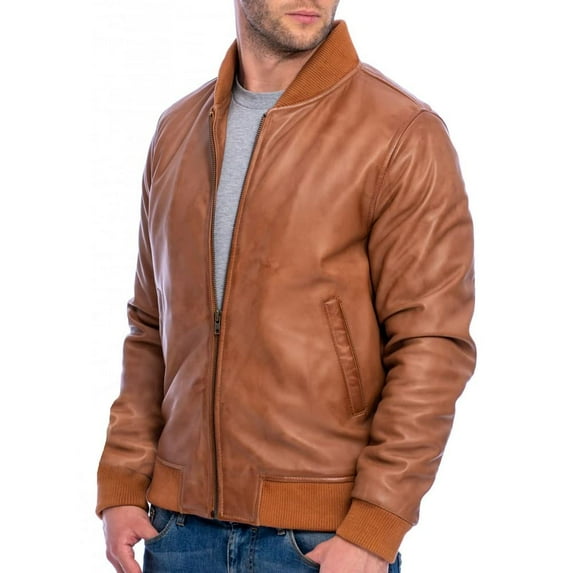 Casual Mens Bomber Tan Brown Leather Jacket