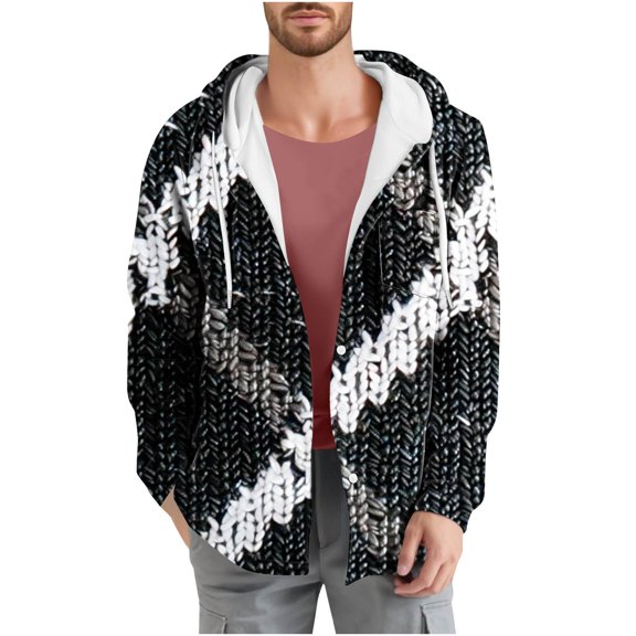 Casual Mens Jacket Plaid Check Print Pocket Long Sleeved Button Hooded Fall And Winter Coats 2025