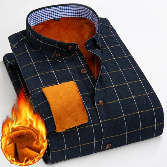 Casual Mens Shirts Winter Blue Cotton Shacket 2025 Plaid Warm Men's Fashion