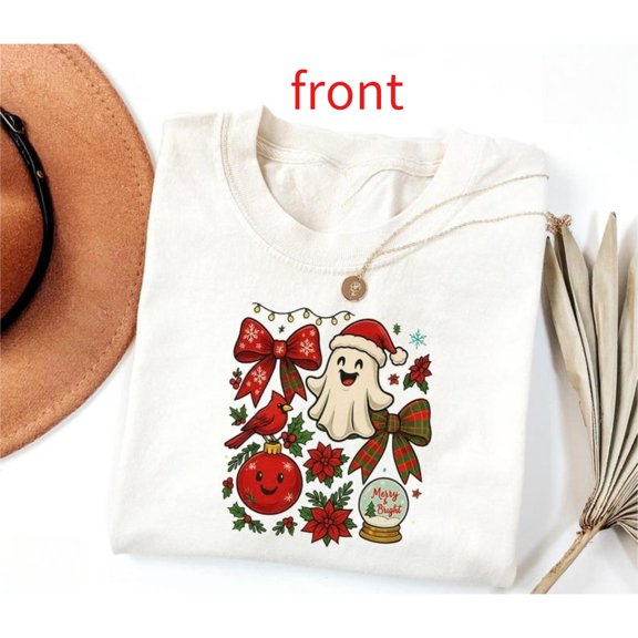Casual Merry Bright Tee Cute Christmas Ghost Graphic Festive Top Short Sleeve Round Neck White S-5XL