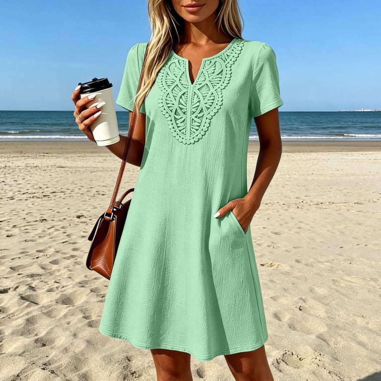 green casual midi dress for Everyday Occasions with Short Sleeves V-Neck Lightweight Beach-Ready Dress for Summer Styling Purple M petey