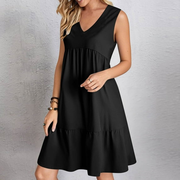 Casual Midi Dresses for Women Summer V-Neck Dress Solid Color Casual High Waisted Sleeveless Dress Lightweight Summer Vacation Beach Fashion Comfy Wear S-XXL