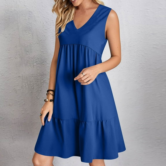 Casual Midi Dresses for Women Summer V-Neck Dress Solid Color Casual High Waisted Sleeveless Dress Lightweight Summer Vacation Beach Fashion Comfy Wear S-XXL