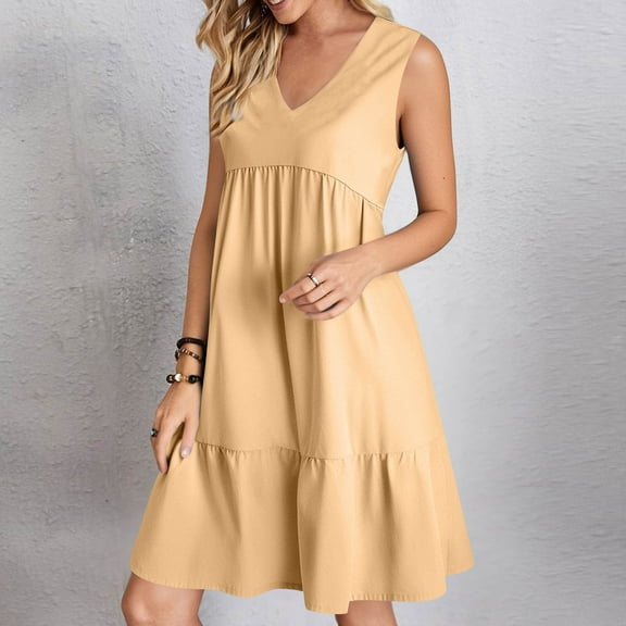 Casual Midi Dresses for Women Summer V-Neck Dress Solid Color Casual High Waisted Sleeveless Dress Lightweight Summer Vacation Beach Fashion Comfy Wear S-XXL