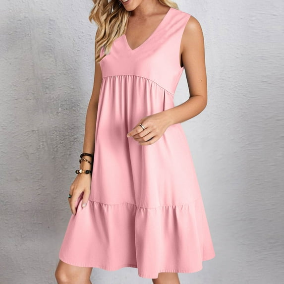 Casual Midi Dresses for Women Summer V-Neck Dress Solid Color Casual High Waisted Sleeveless Dress Lightweight Summer Vacation Beach Fashion Comfy Wear S-XXL