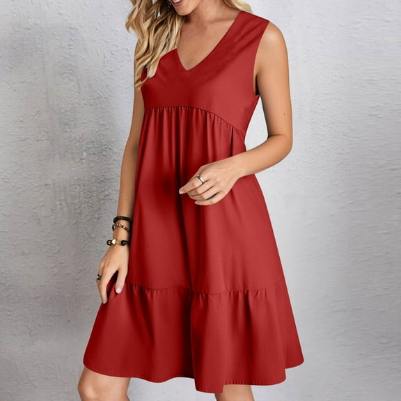 Casual Midi Dresses for Women Summer V-Neck Dress Solid Color Casual High Waisted Sleeveless Dress Lightweight Summer Vacation Beach Fashion Comfy Wear S-XXL