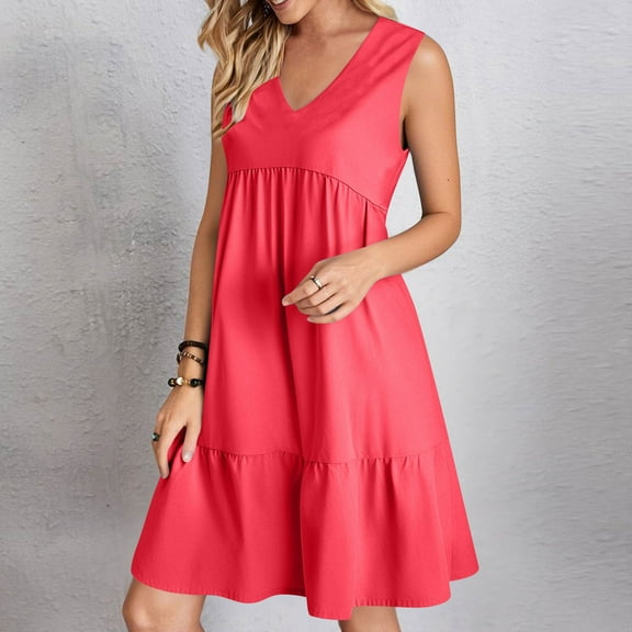 Casual Midi Dresses for Women Summer V-Neck Dress Solid Color Casual High Waisted Sleeveless Dress Lightweight Summer Vacation Beach Fashion Comfy Wear S-XXL