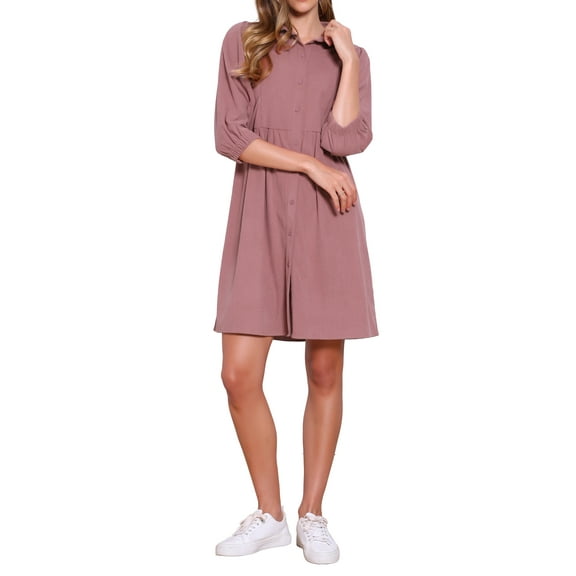 INSPIRE CHIC Casual Mini Dress for Women's Collared 3/4 Sleeve A-Line Button Down Fall Dresses XL Dark Pink