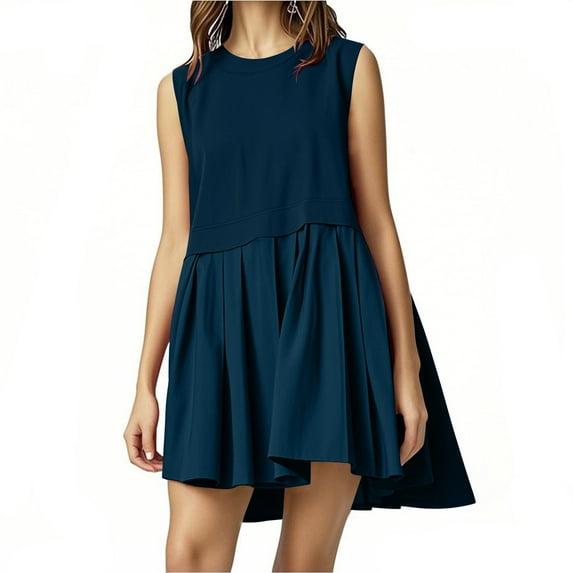 Casual Mini Dresses For Women Flowy Ruffle Crew Neck Solid Color Sleeveless Pleated Tank Dresses Short Sundresses Navy L