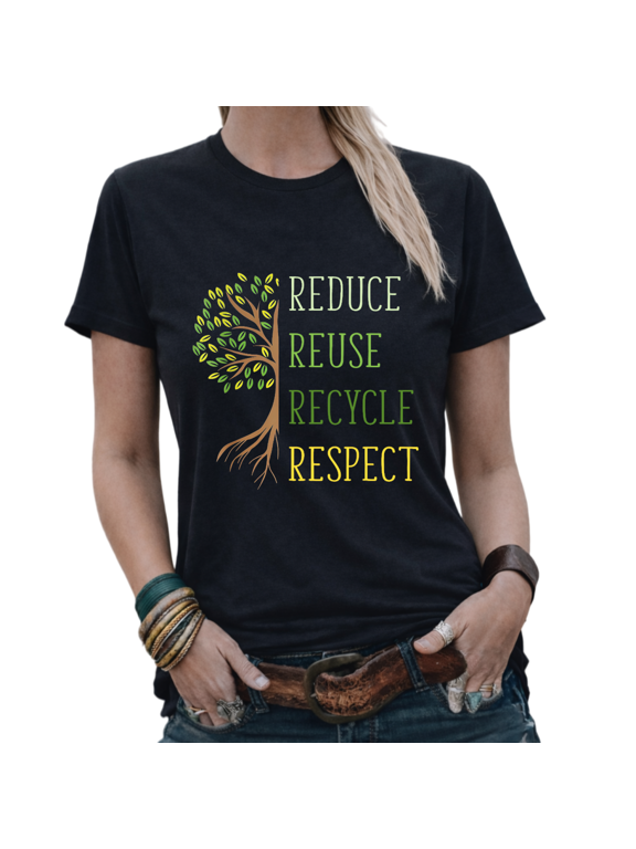 Casual Minimalist Eco Warrior Reduce Reuse Recycle Respect Graphic Tees Womans Tshirt White/Black S-5XL Tops