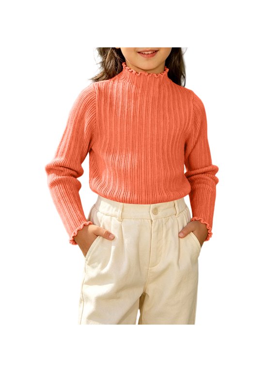 Casual Mock Neck Sweaters for Girls Long Sleeve Knit Thermal Tops Soft Kids Base Layer Undershirt Orange, 0 Y
