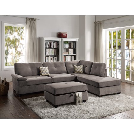 Casual Modern Living Room Reversible L/R Chaise Sofa 2pc Sectional Family Guest Living Room Charcoal Waffle Suede