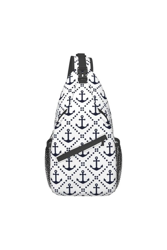 Casual Navy Blue l Anchor Pattern Crossbody Sling Backpack Men Sailing Sailor Shoulder Chest Bag for Hiking