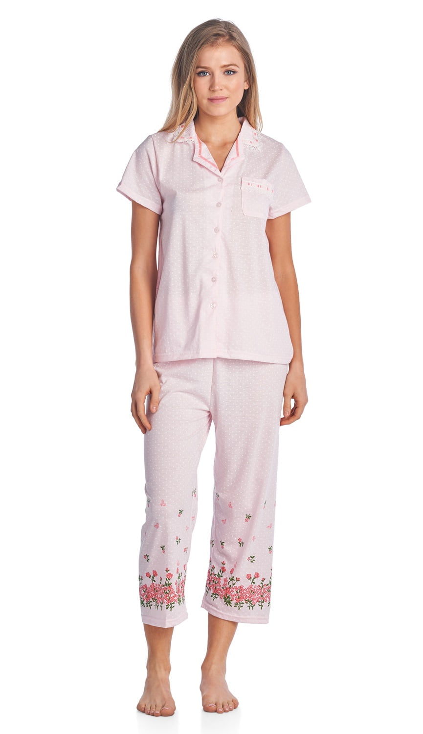 Casual Nights Women's Lace Trim Short Sleeve Capri Pajama Set - Pink Polka Dot, Size 4X