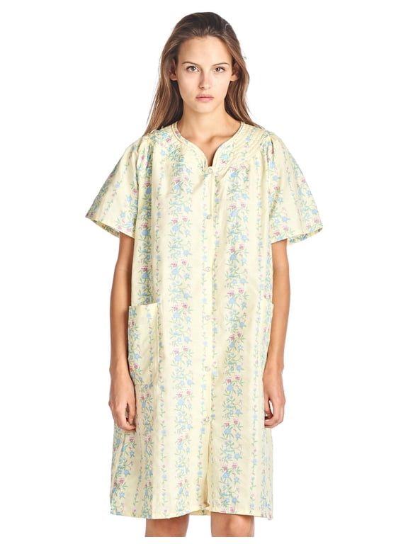 Women's Snap Front House Dress, Lightweight Short Sleeve Cotton-Poly Knit Duster Robe with Pockets, Mid-Calf, Yellow XX-Large