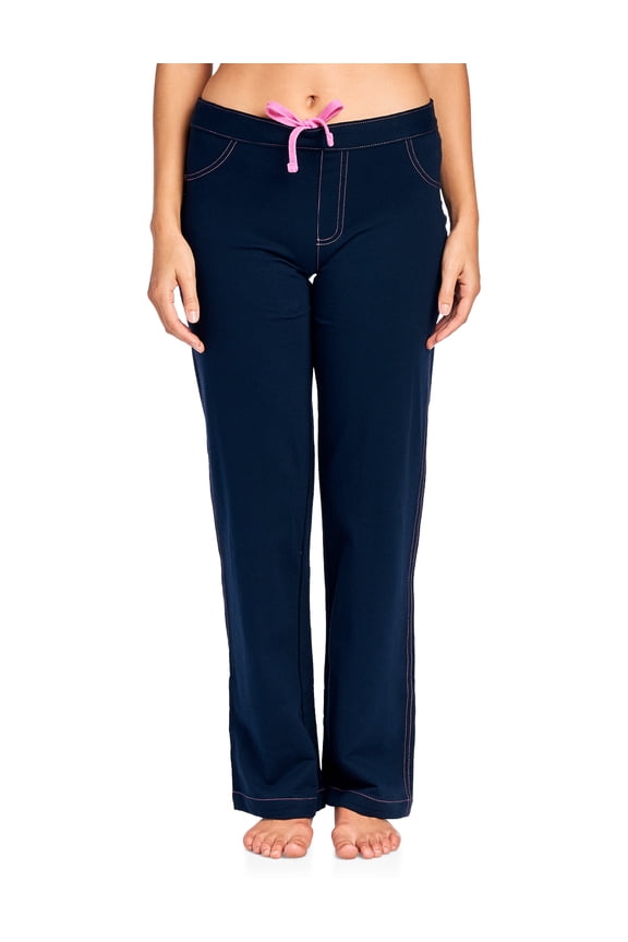 Women's 100% Cotton Contrast Stitch Pajama Sleep Pants -Navy Blue - Medium