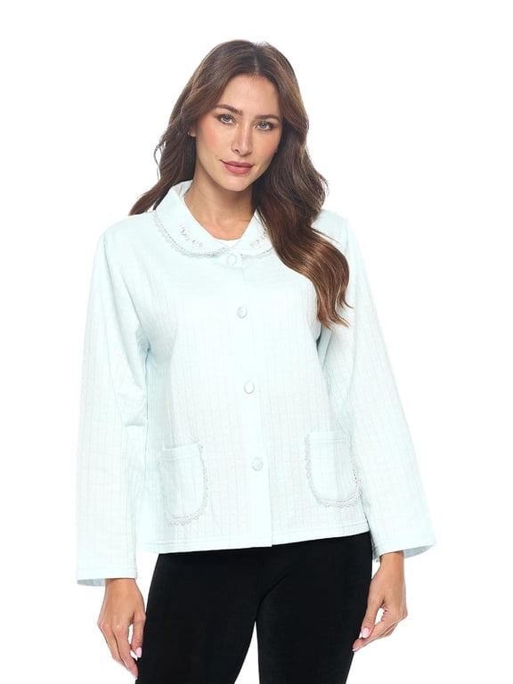 Women's Bed Jacket, Lightweight Cotton Blend Button Front Sleep Top With Pockets, Quilted Lounge Jacket With Lace Trim, Blue XL