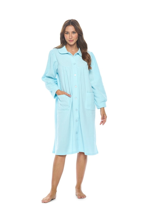 Women's Button Front Jacquard Terry Fleece Lounger Robe with Pockets
