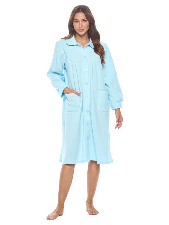 Women's Button Front Jacquard Terry Fleece Lounger Robe, Soft Polyester Housecoat with Patch Pockets & Collar, Blue M