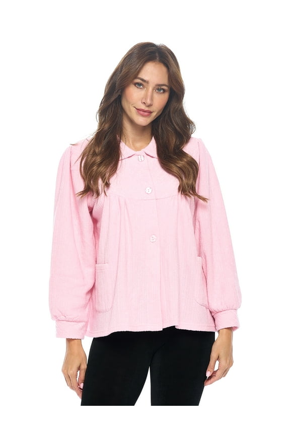 Women's Button Front Jacquard Terry Fleece Sleep Bed Jacket Top with Pockets